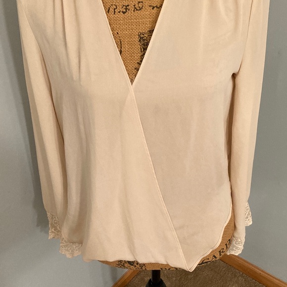 Jealous Tomato Tan Semi-Sheer Wrap Blouse with Lace Cuffs Women Size Small - Picture 3 of 11
